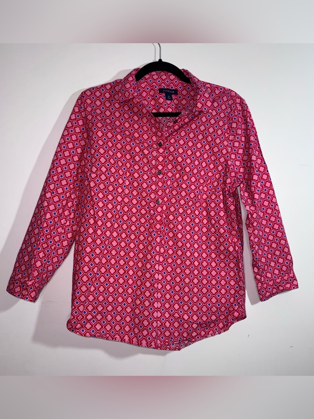 Lands’ End Women’s Size 12 Pink Geometric Cotton Popover Blouse 3/4 Sleeve